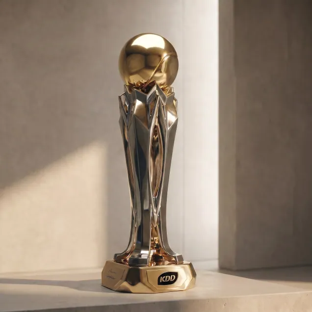 Gold football trophy with a sculpted stem