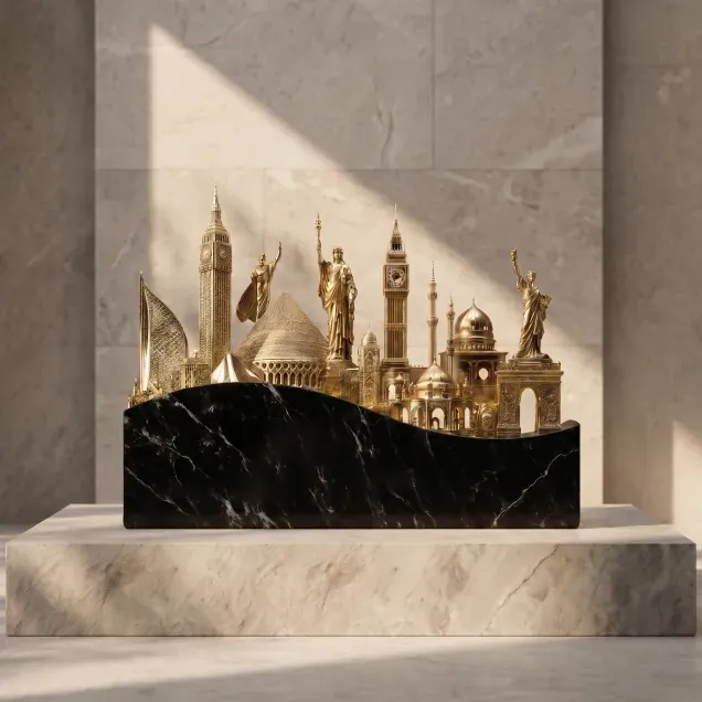 Gold architectural skyline on a black base