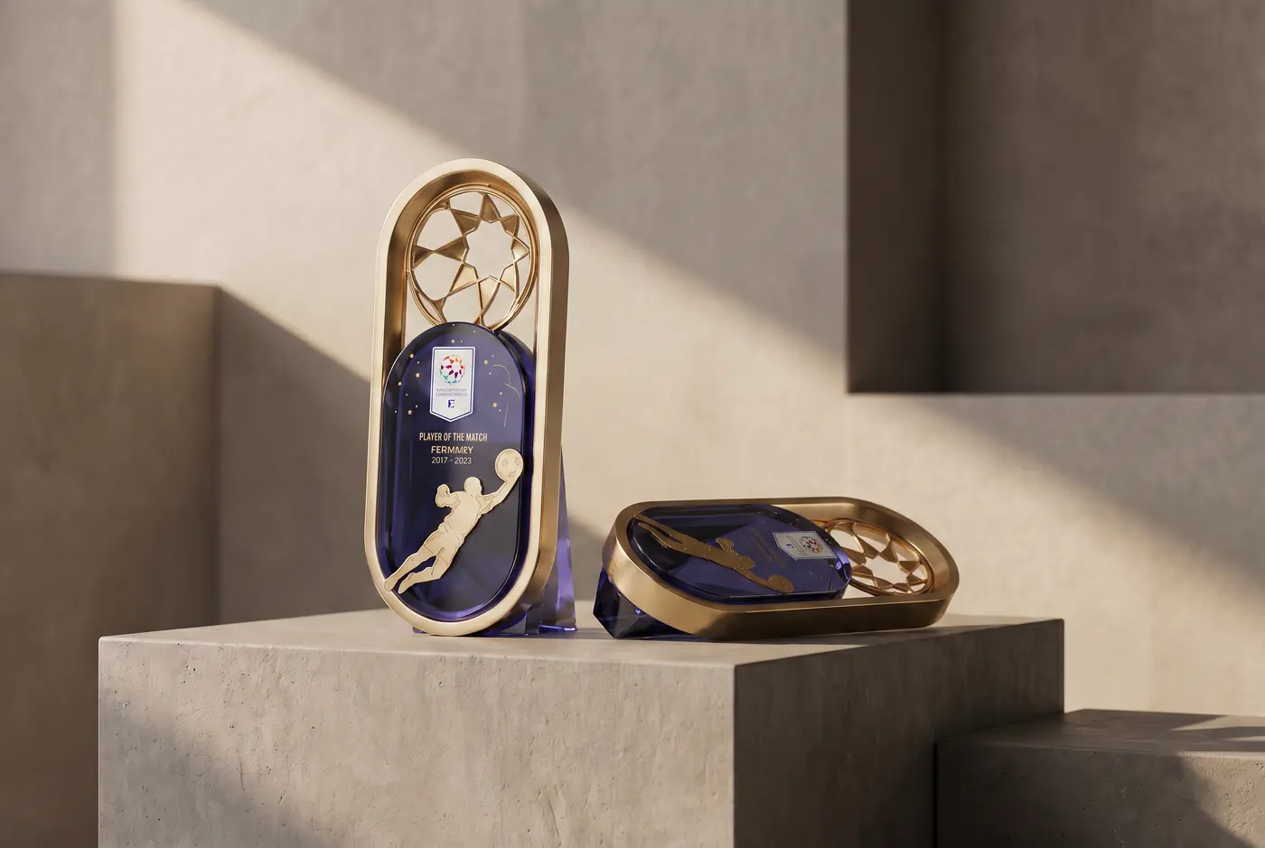 Rounded crystal plaques with inlaid blue detailing